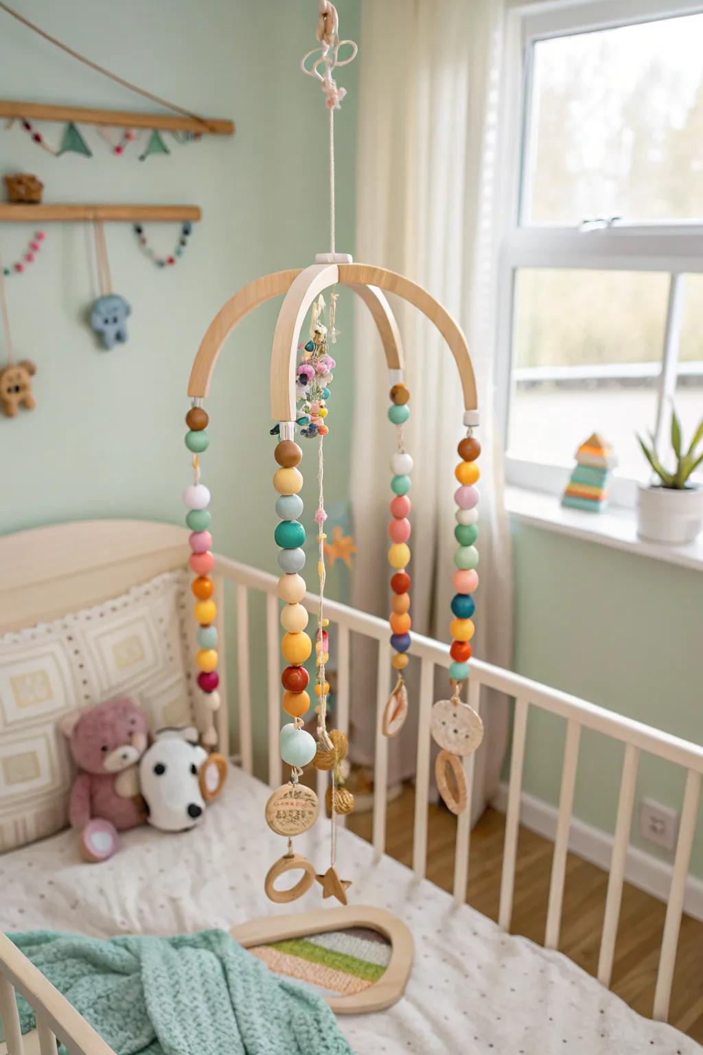 A charming wooden bead mobile for a nursery.