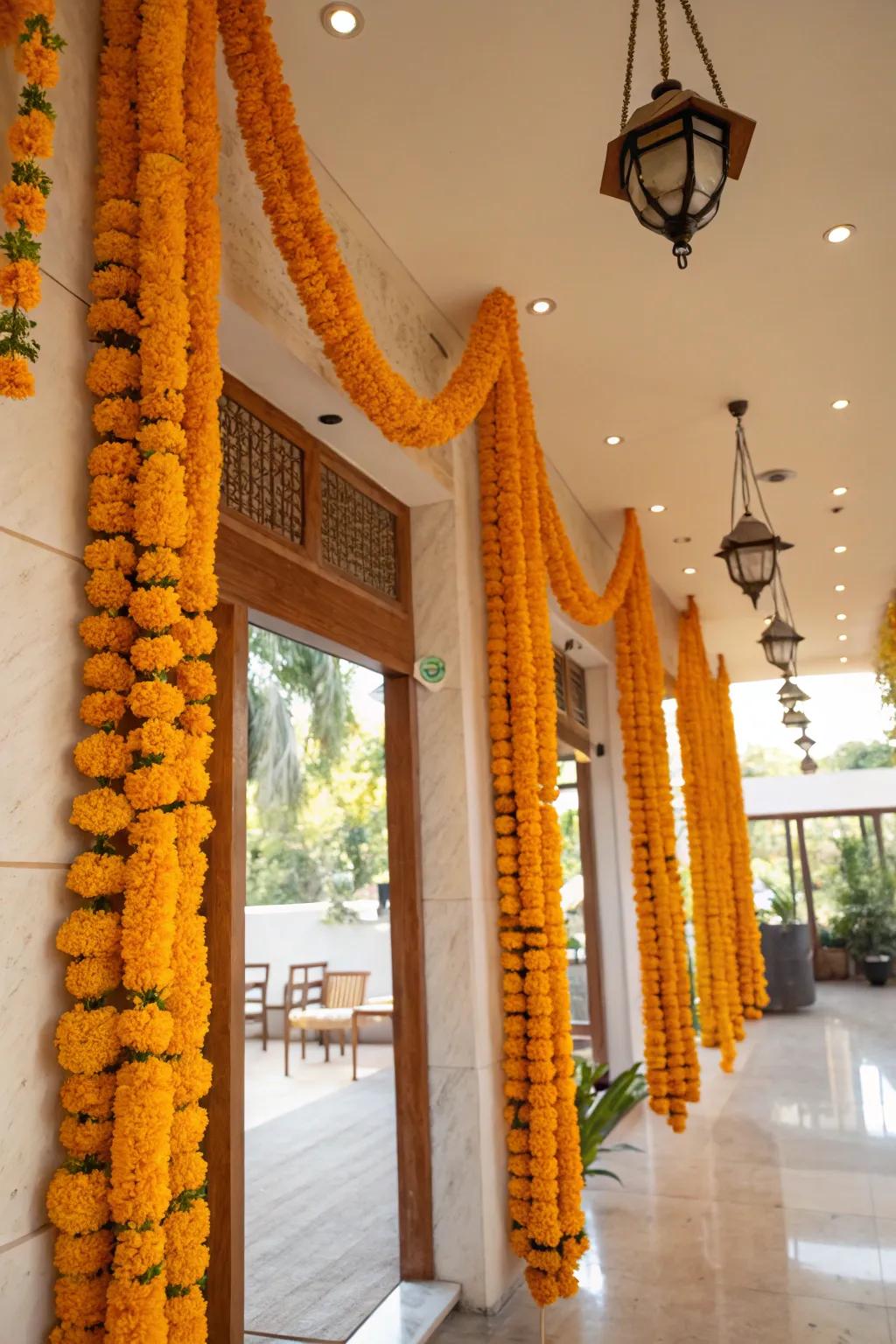 Handmade marigold garlands adding festive charm to the celebration.