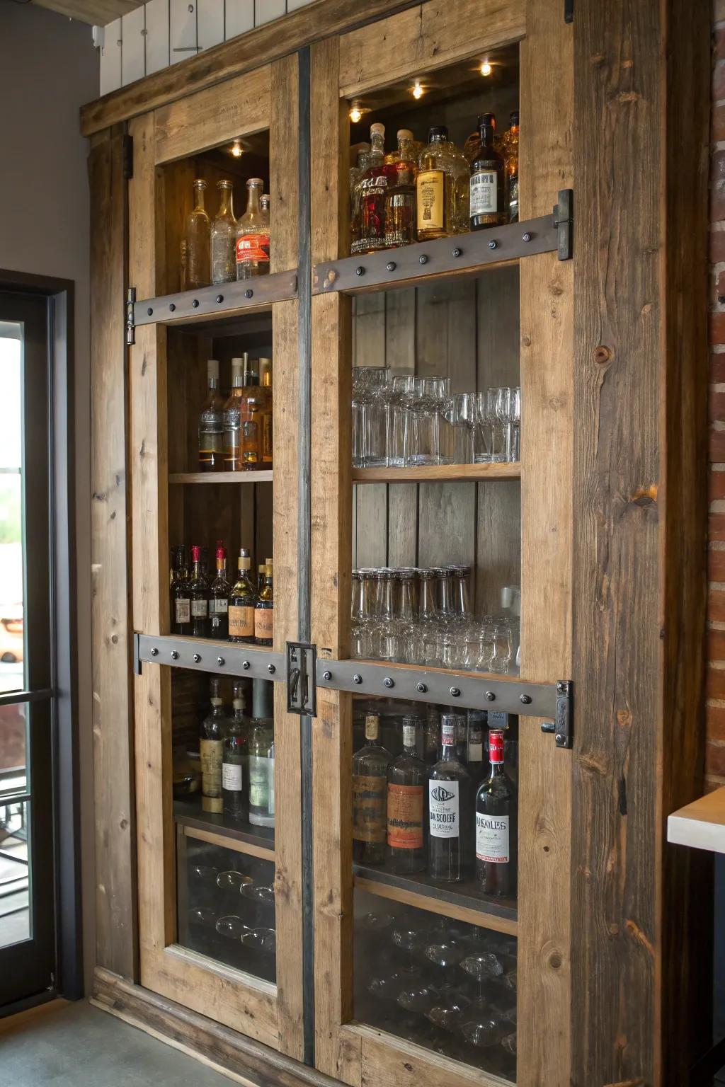 A window frame door adds vintage charm to a liquor cabinet.