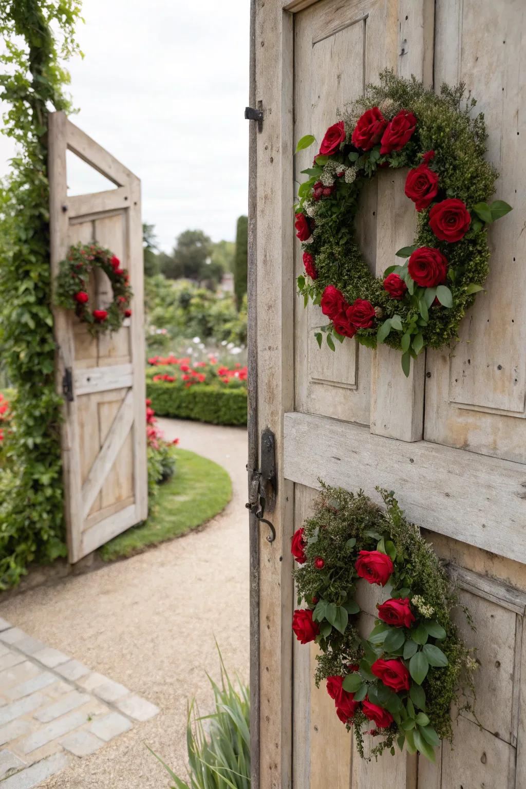 Elegant rose and ivy wreaths for a classic wedding welcome.