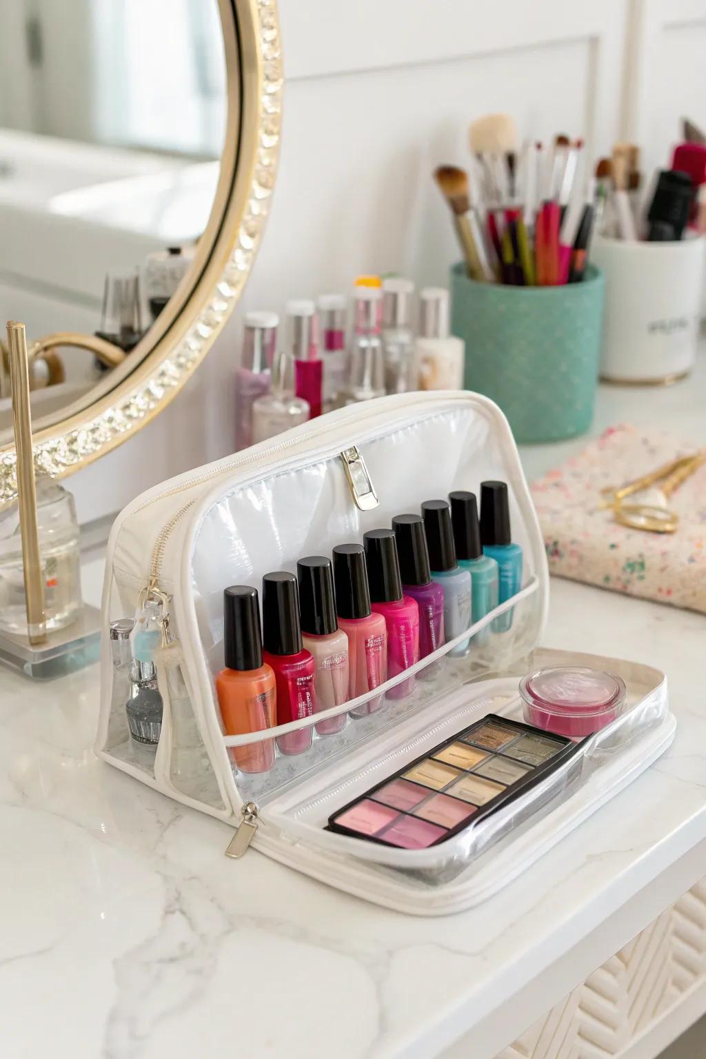 A clear makeup bag offers a simple and portable storage solution.