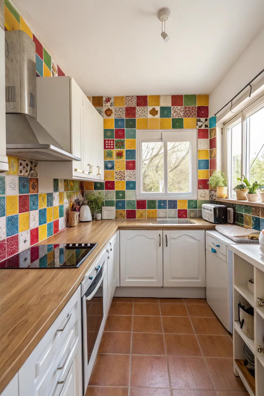 A charming kitchen with a vibrant colorful backsplash.