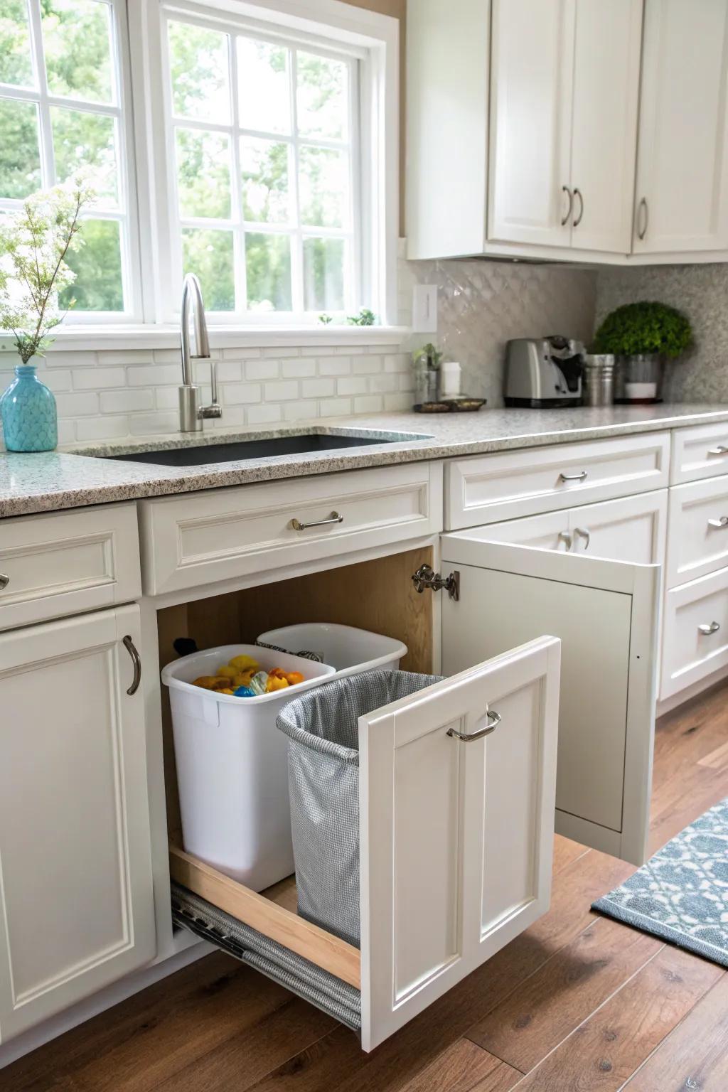 An under-sink trash can keeping the kitchen tidy and organized.