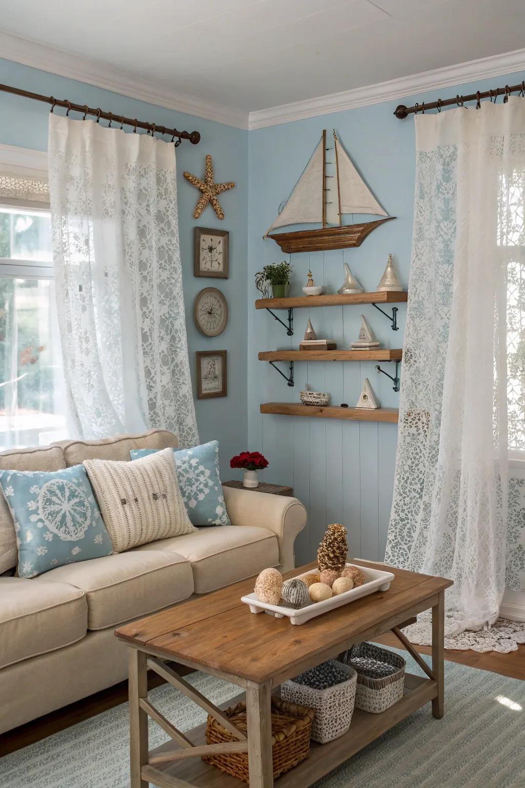 Lace curtains add to the coastal chic vibe.