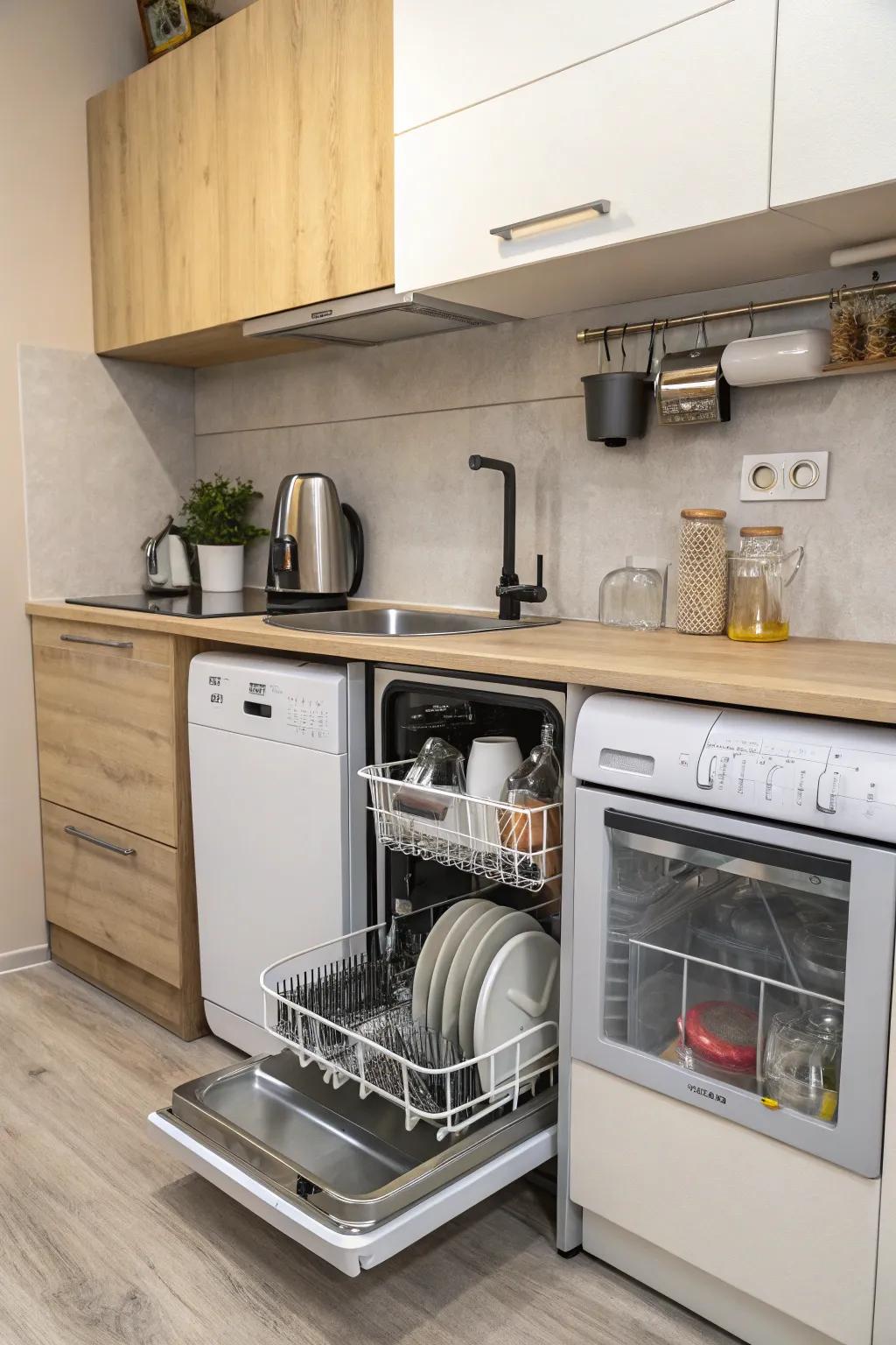 A compact dishwasher fits seamlessly into a small kitchen, saving space.