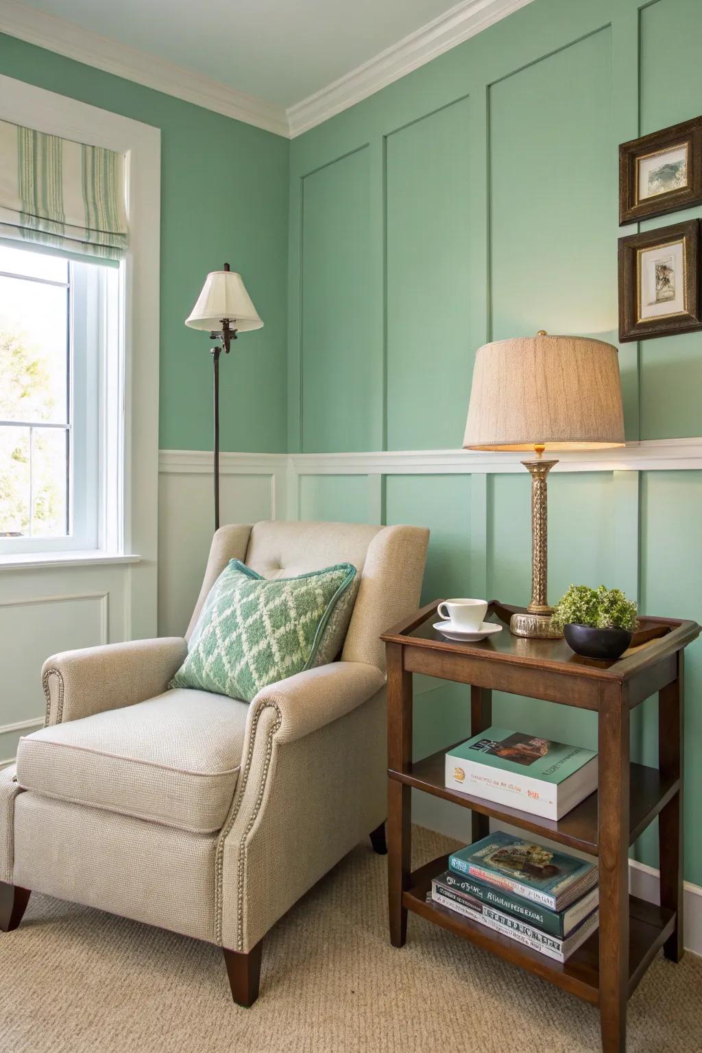 A relaxing reading nook with calming seafoam green walls.