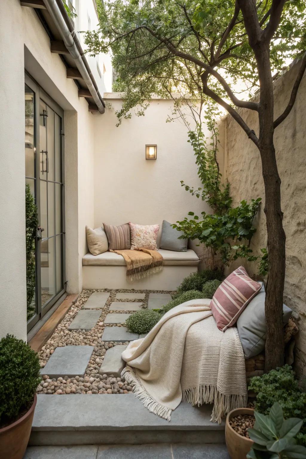 A small courtyard with a cozy nook featuring cushions and a throw blanket.