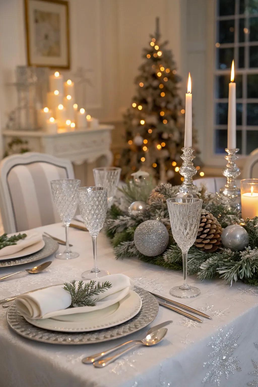 Silver accents bring sleek sophistication to the Christmas table.