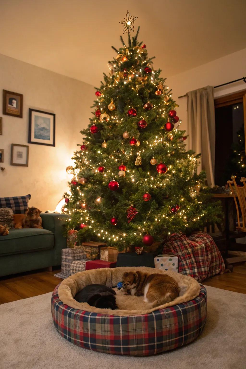 A plaid pet bed adds comfort and charm under your tree.