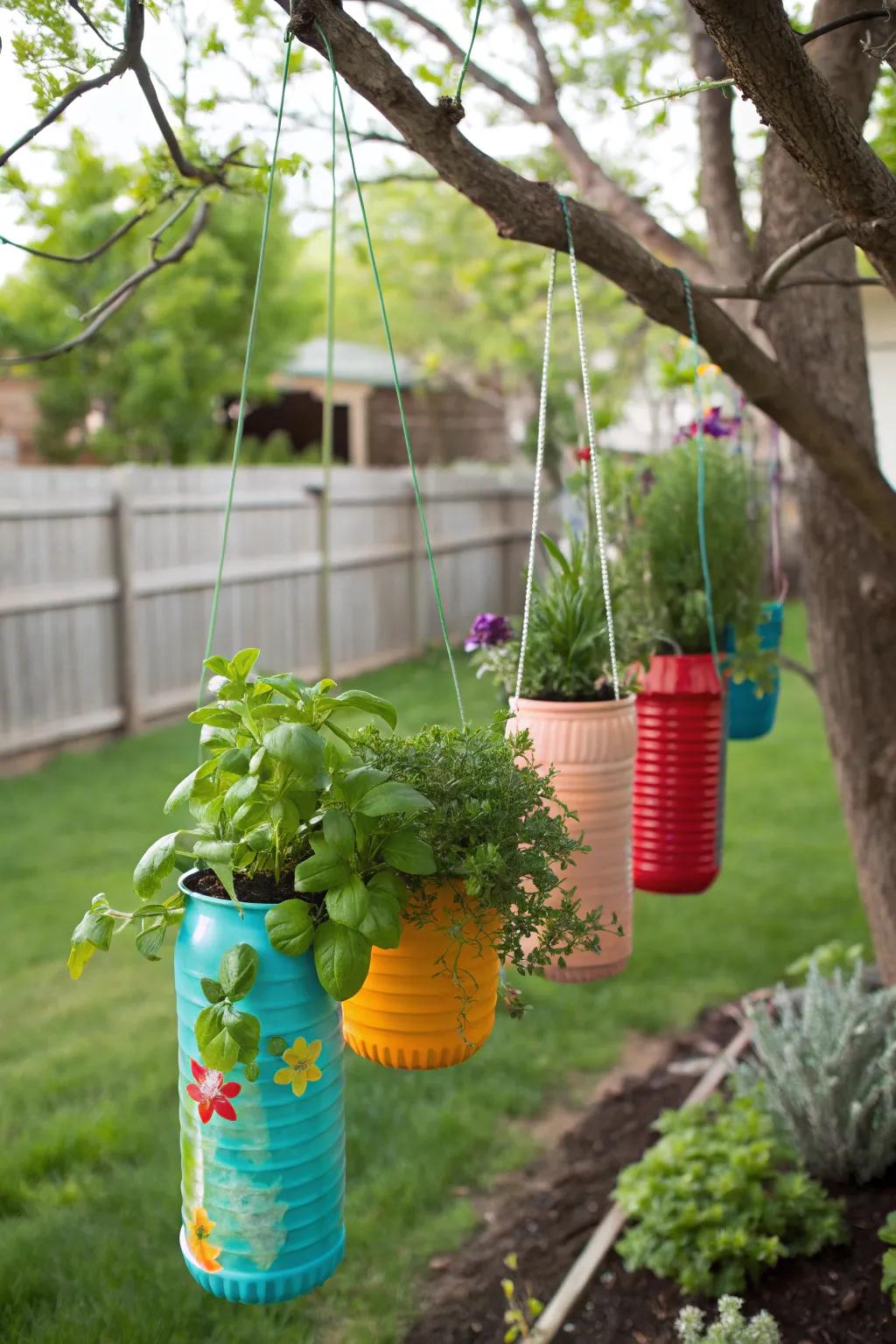 Plastic bottles offer a colorful and eco-friendly planter option.