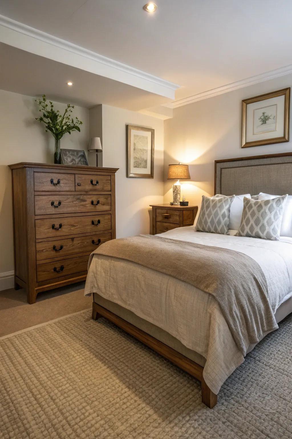 Proportionate dressers complement the room's layout, ensuring balance and harmony.