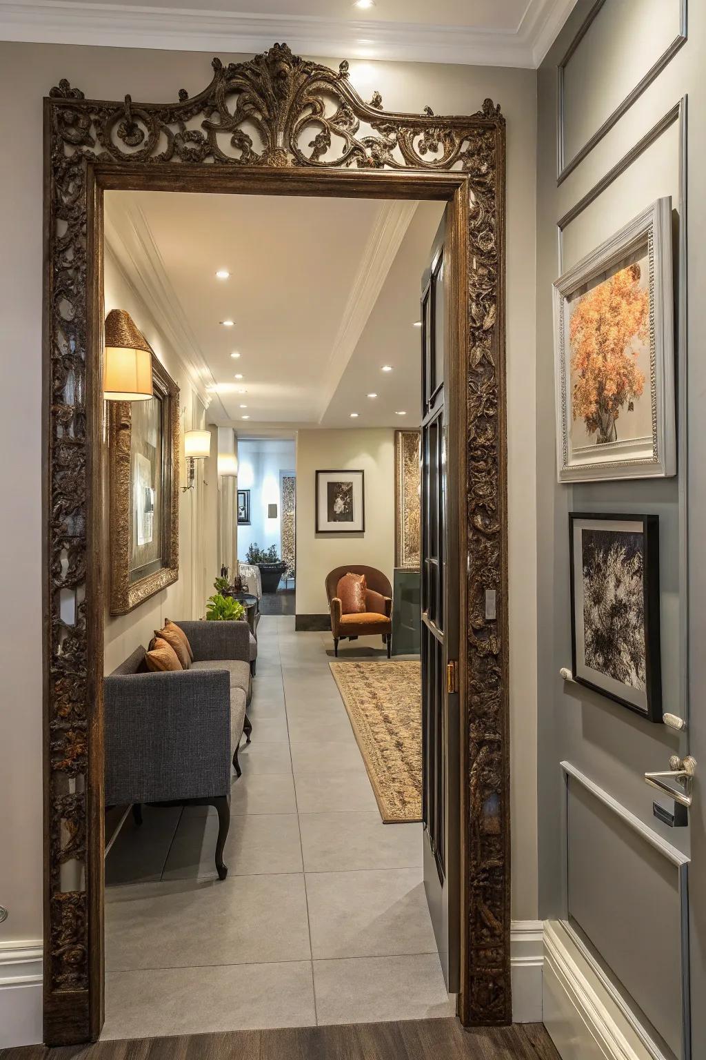 An elegant door frame accent crafted from a repurposed mirror frame.