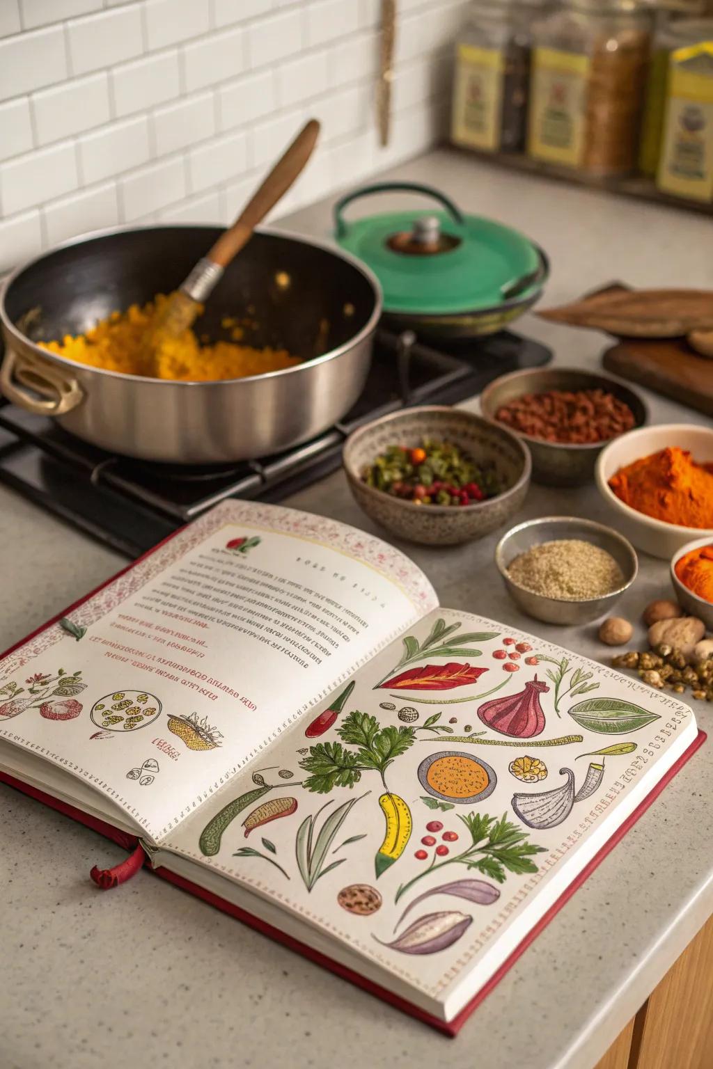 A traditional Indian cookbook inspires culinary creativity.