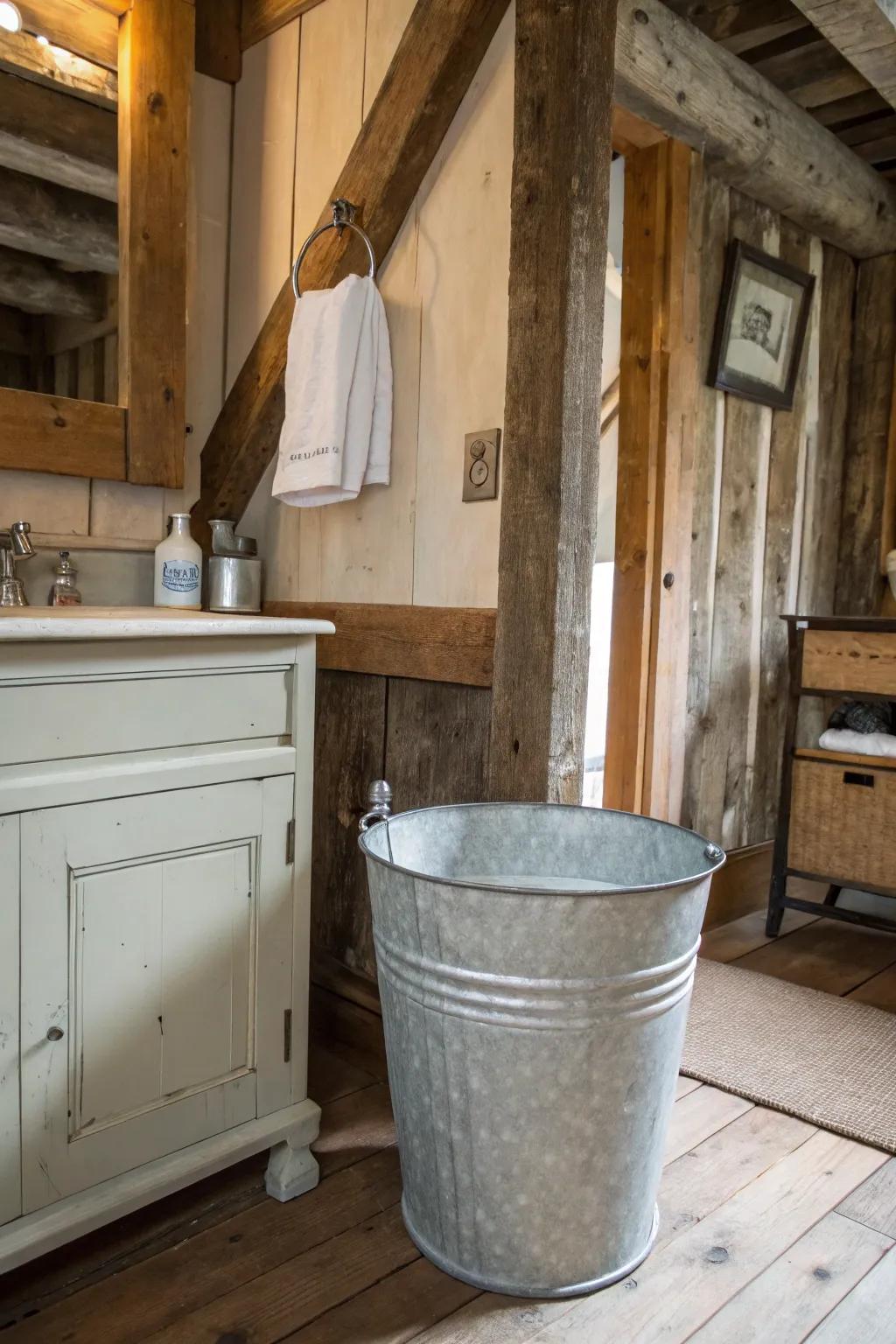 A galvanized bucket adds rustic charm as a bathroom wastebasket.