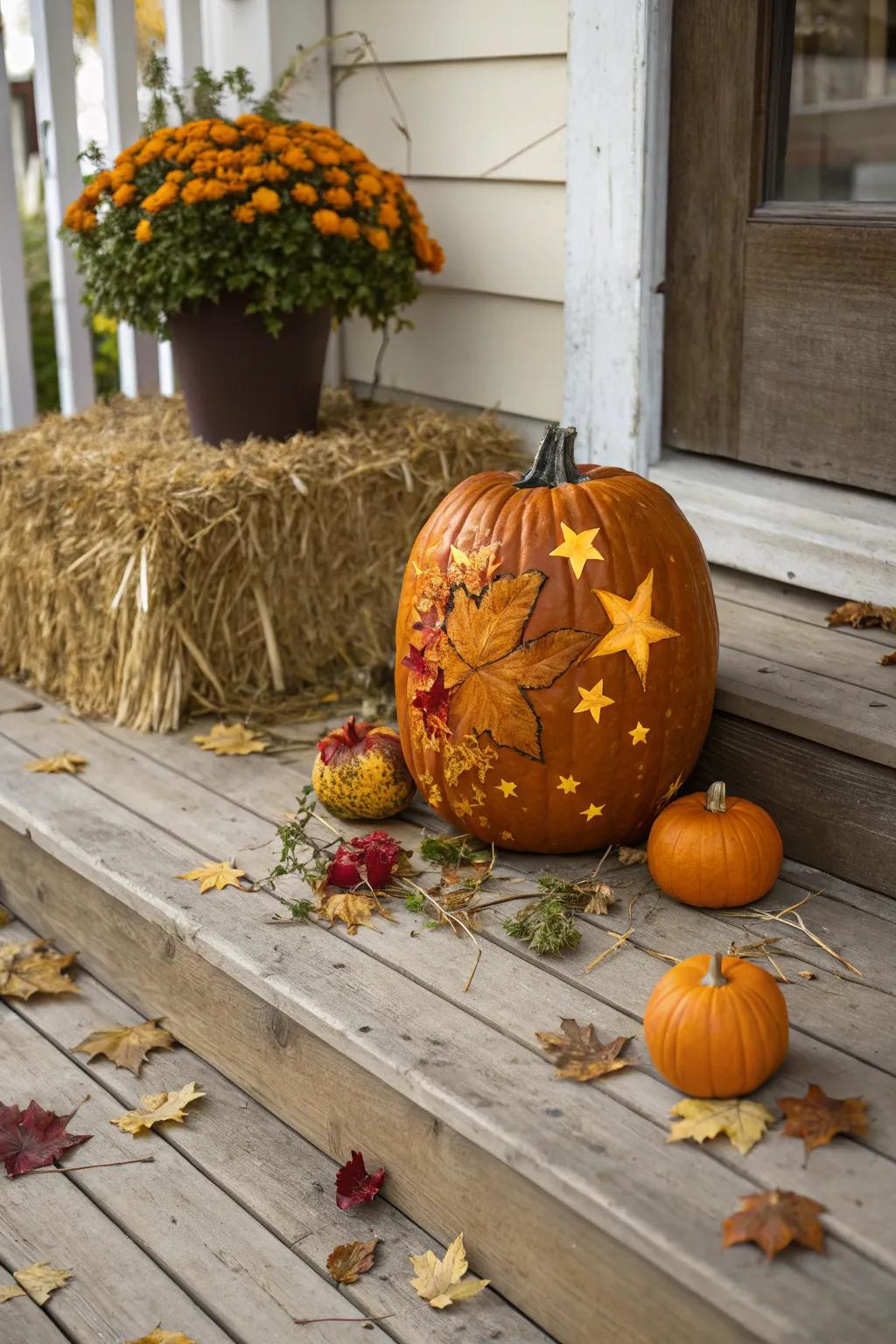 Seasonal stamps create a charming, custom design on this pumpkin.