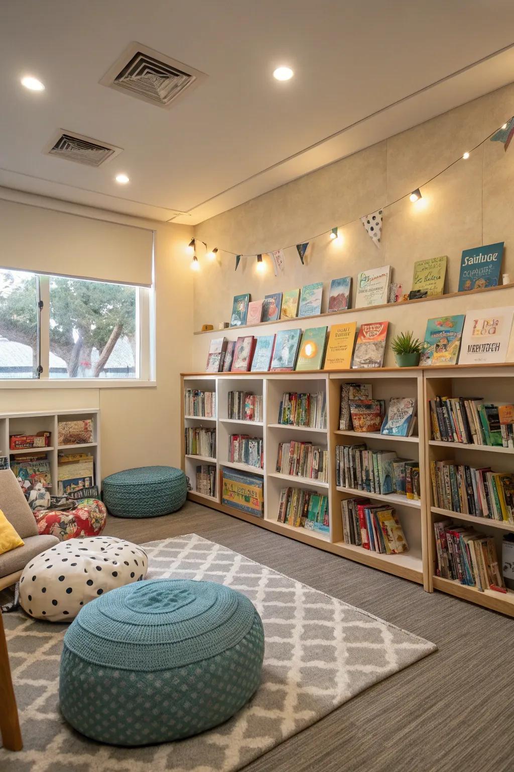 A library-style setup invites children into a world of books.