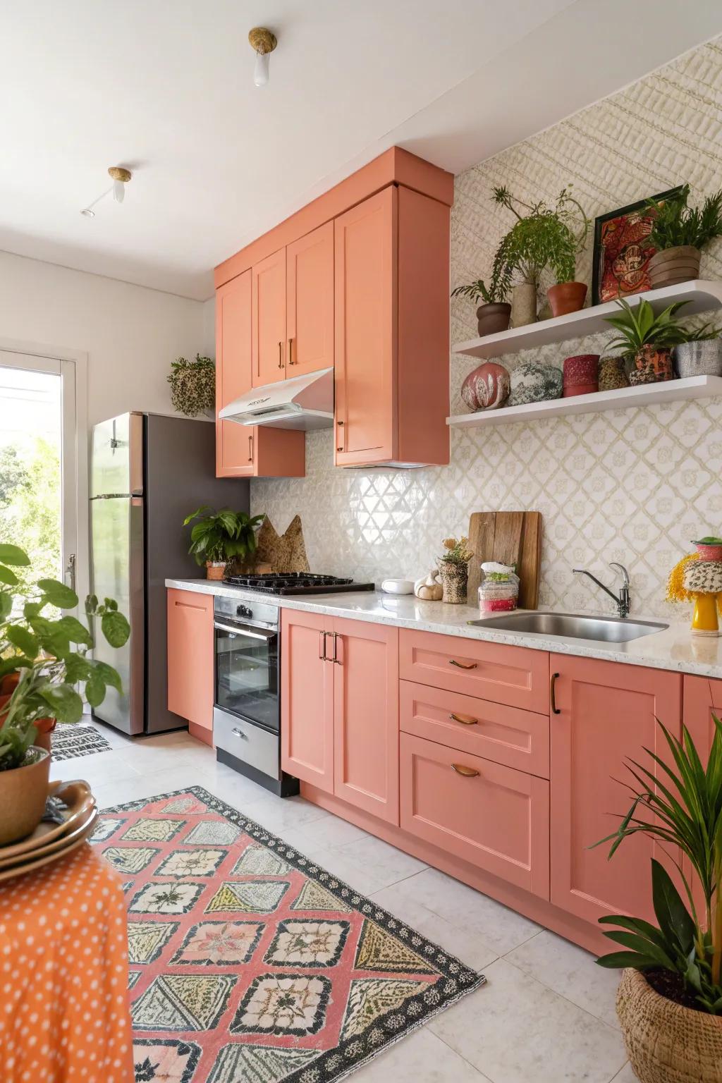 Chic coral cabinets bring warmth and energy.