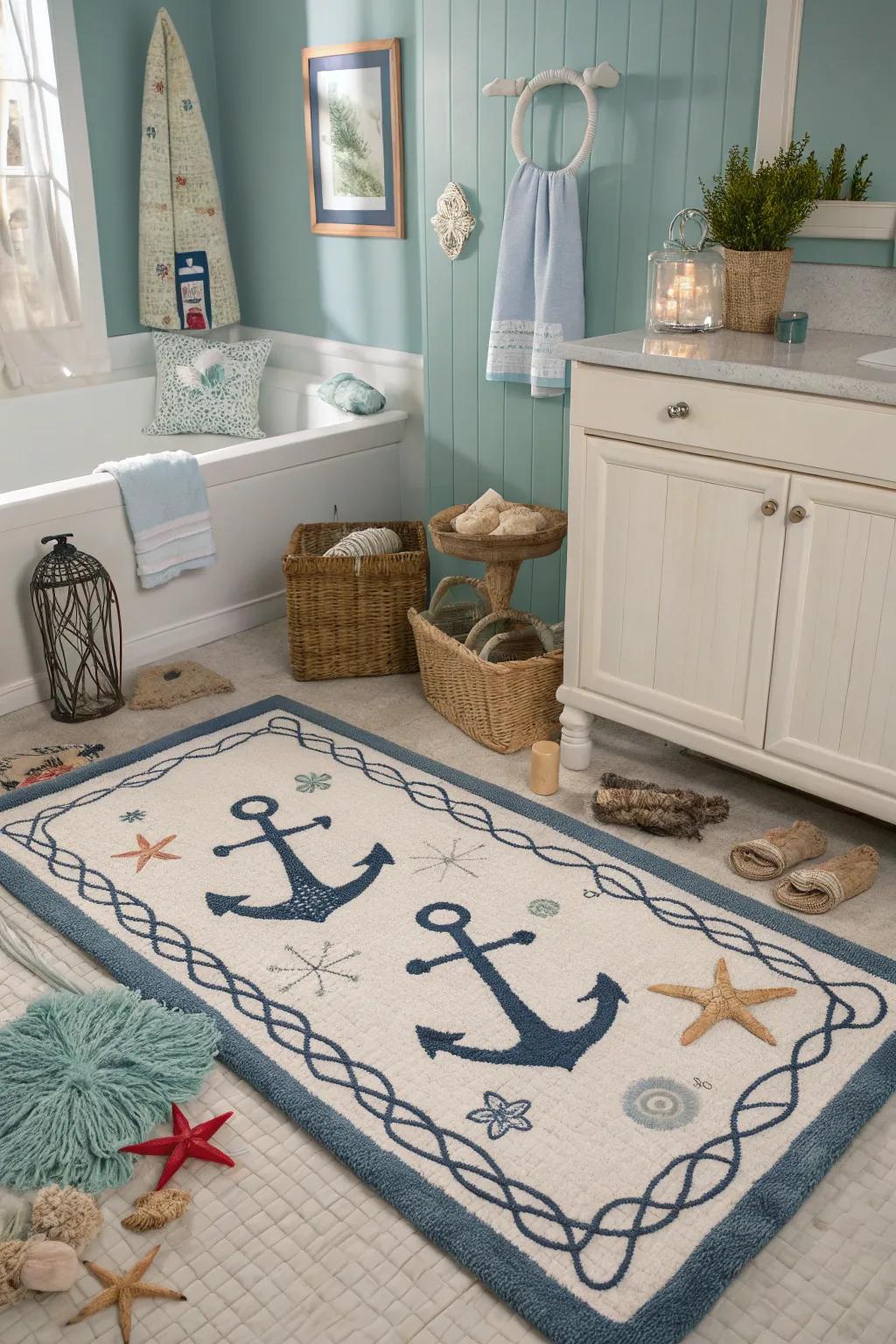 Nautical-themed rugs evoke coastal vibes for a serene bathroom.