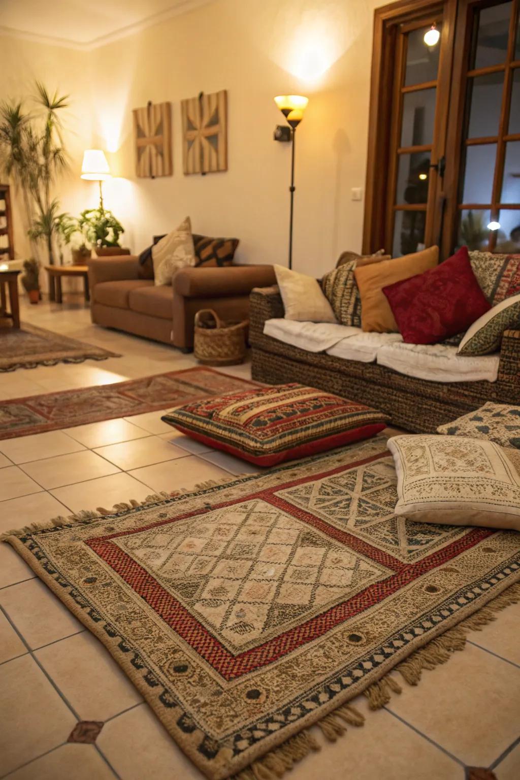 Layered rugs add warmth and comfort to cold floors.