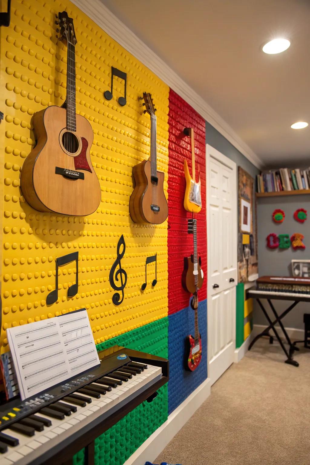 A harmonious LEGO music wall adds rhythm to this music room.