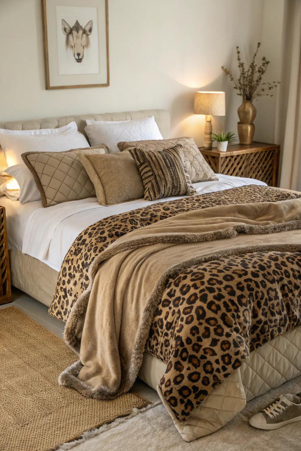 A leopard print quilt adds warmth and style to bedroom decor.