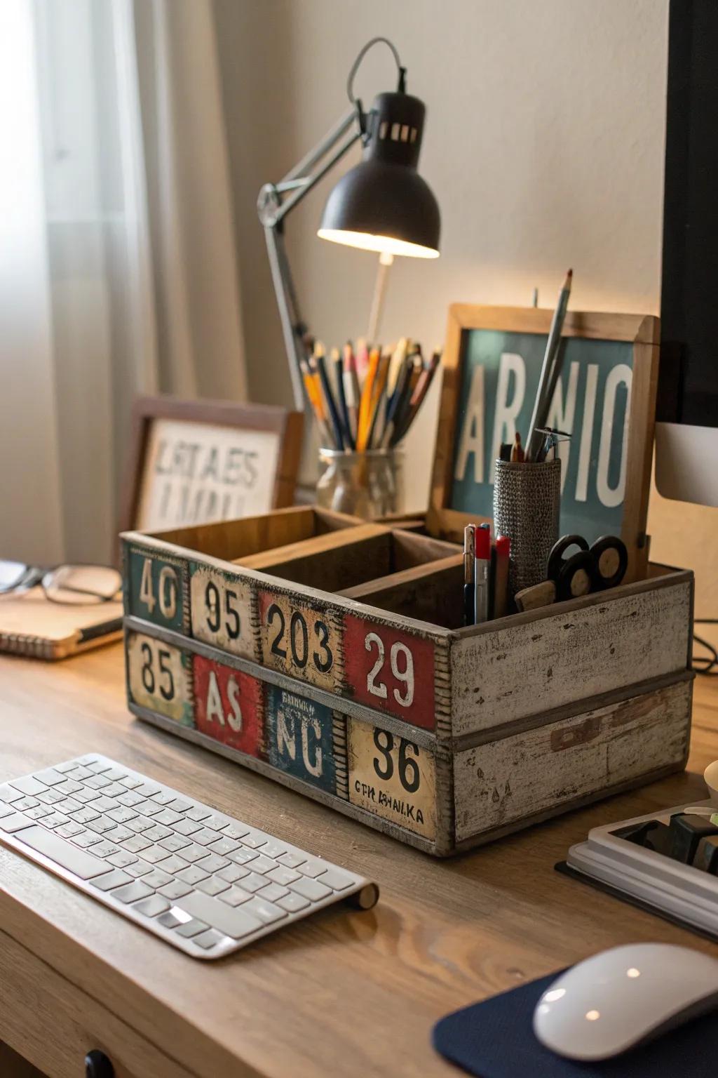 Keep your office supplies organized with a DIY desk organizer.