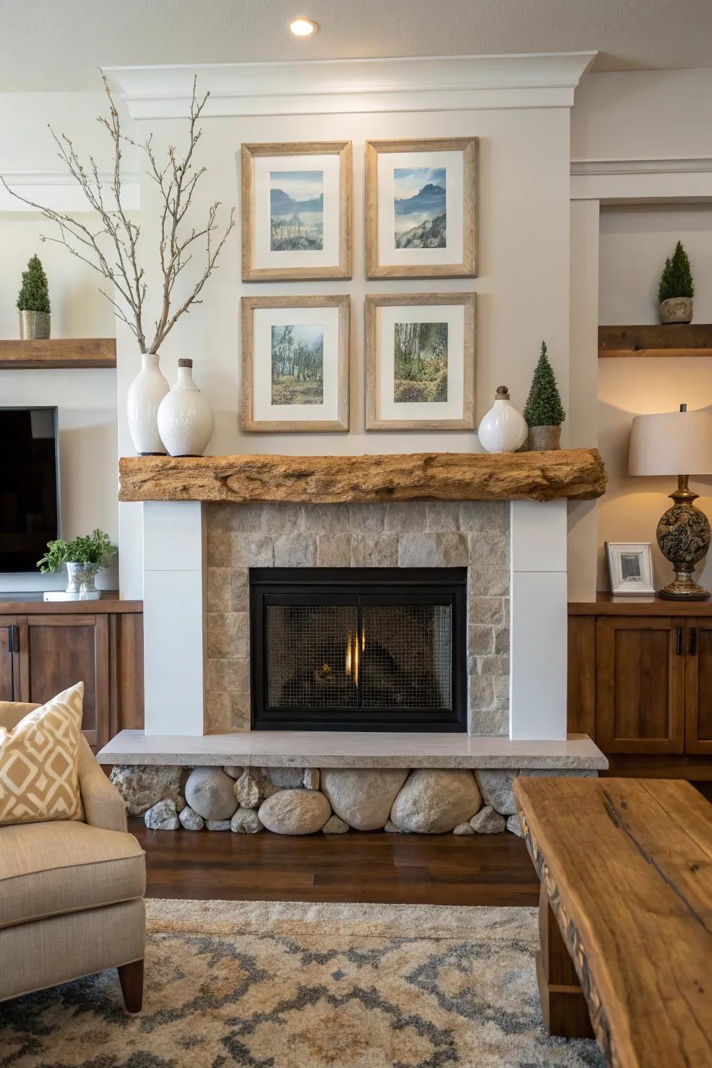 A living room featuring a live edge mantel with symmetrical decor arrangement.