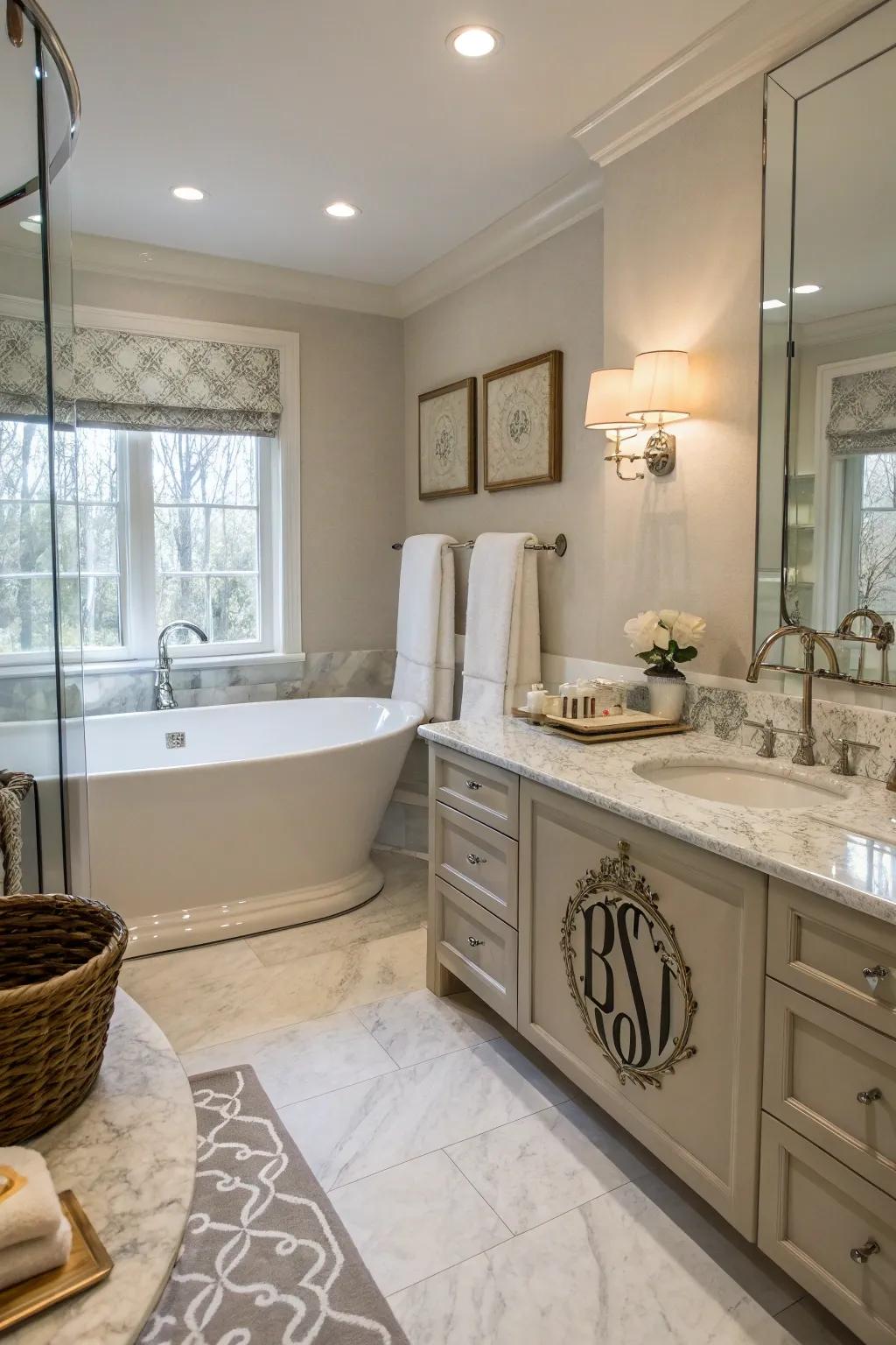 Personalized accessories add a unique touch to this bathroom.