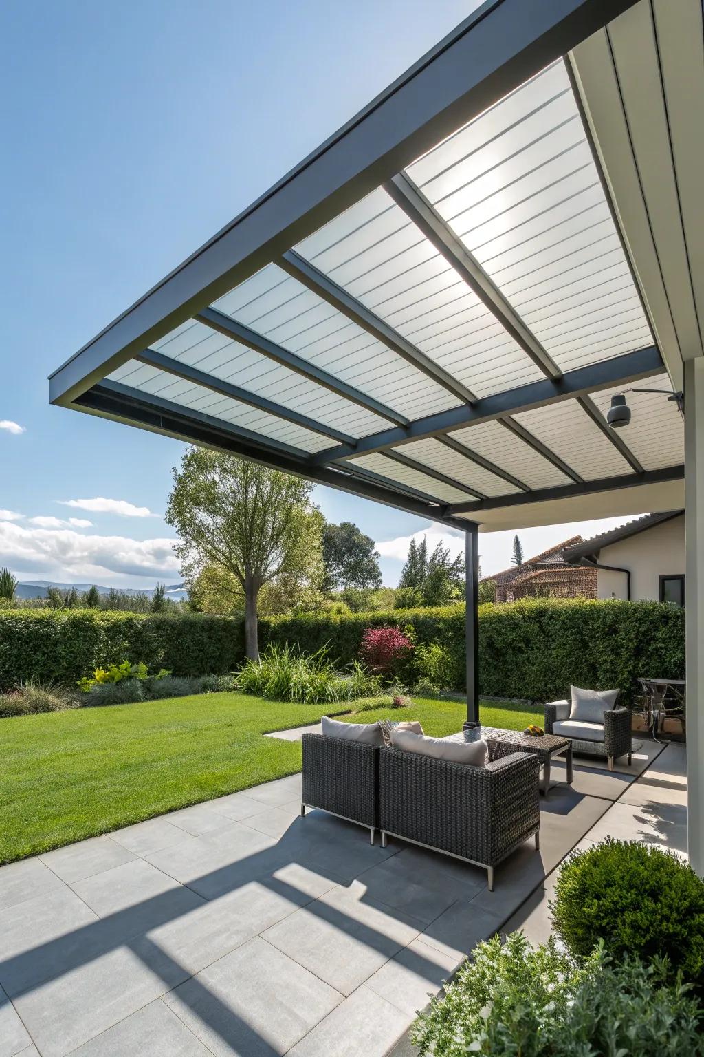 A geometric metal roof design adds modern flair and dynamic interest to this patio.