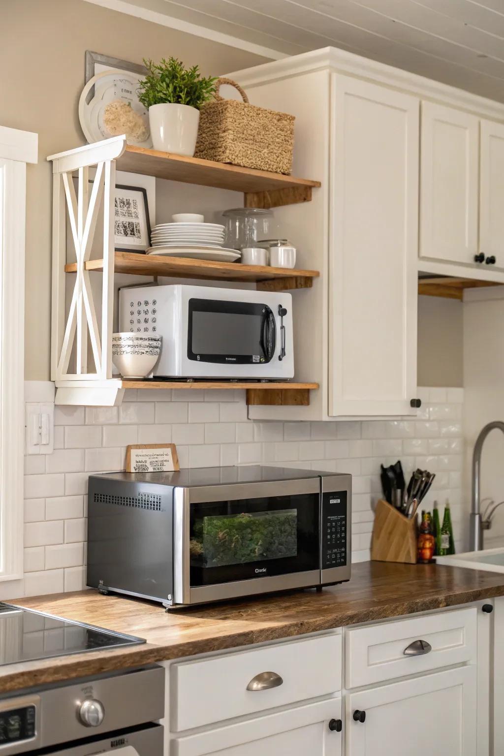 A functional wall mount for space-saving microwave placement.