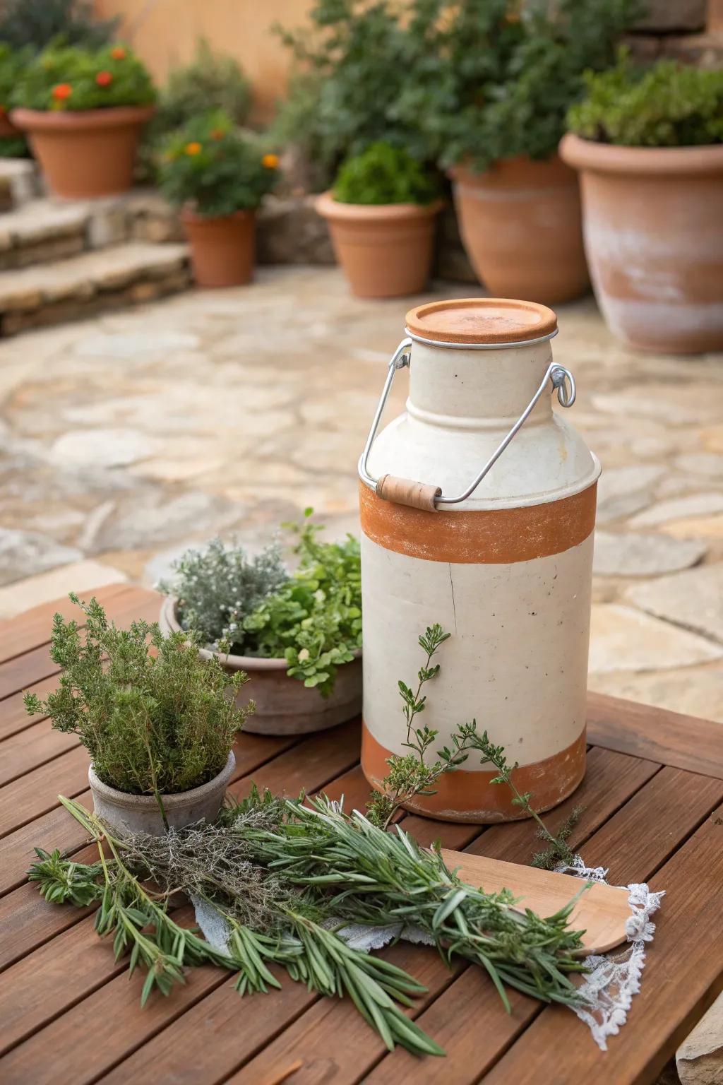 Terracotta paint on a milk can adds Mediterranean charm.