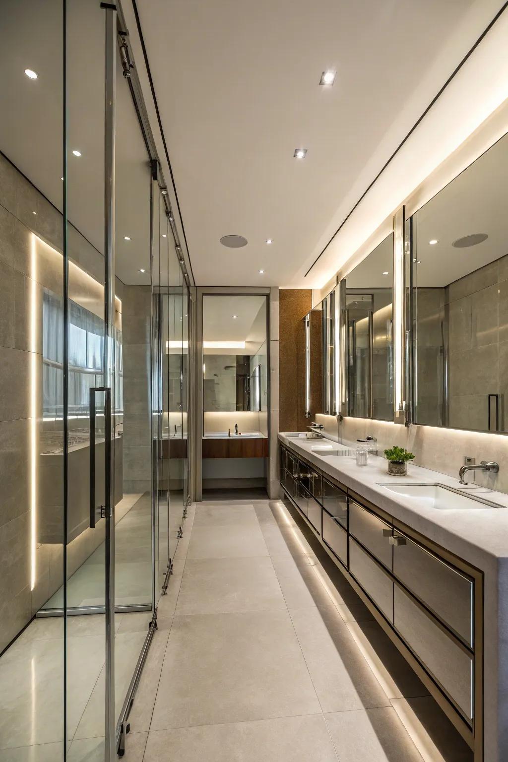 A minimalist bathroom enhanced by reflective surfaces.