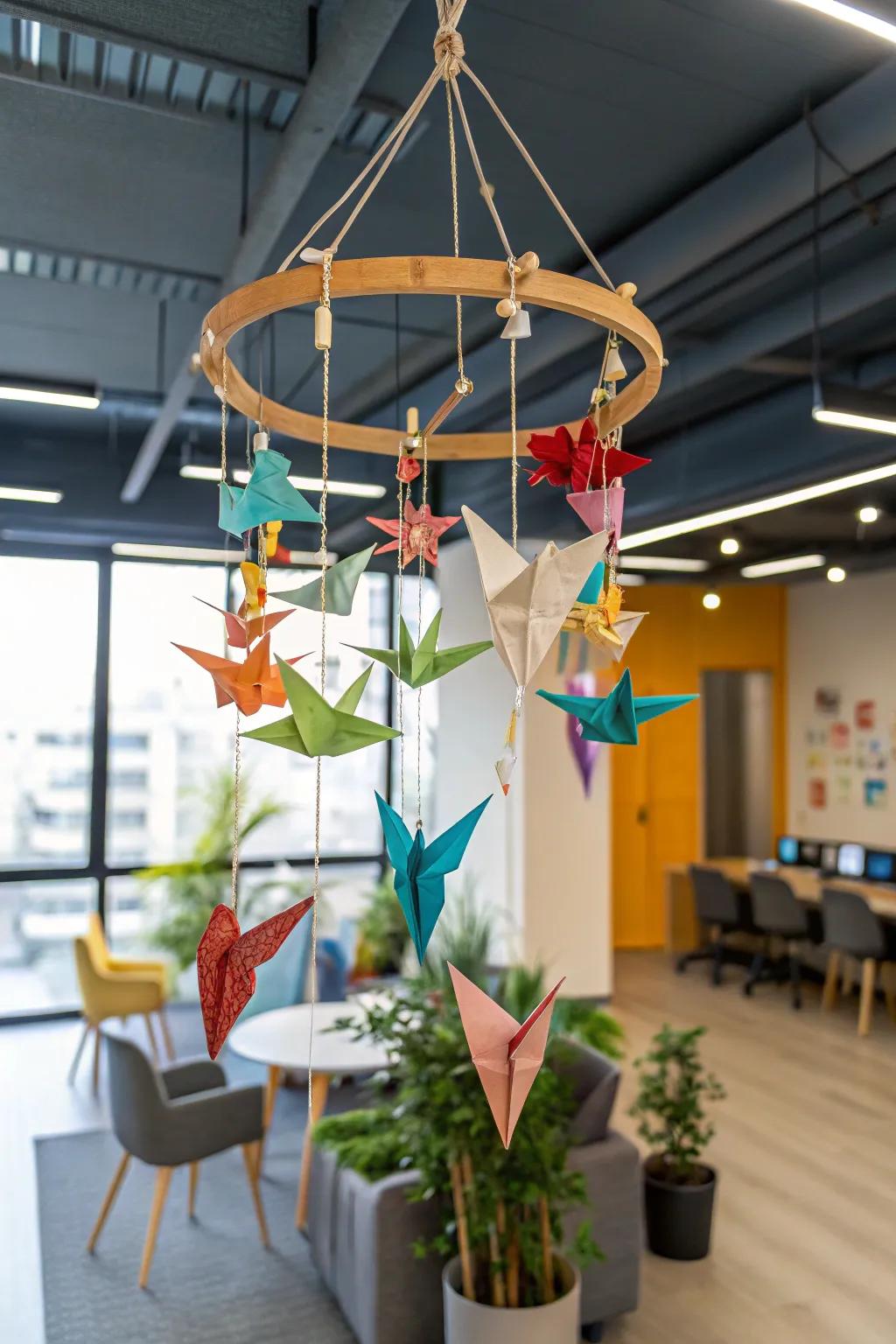 A floating origami mobile bringing creativity to an office.