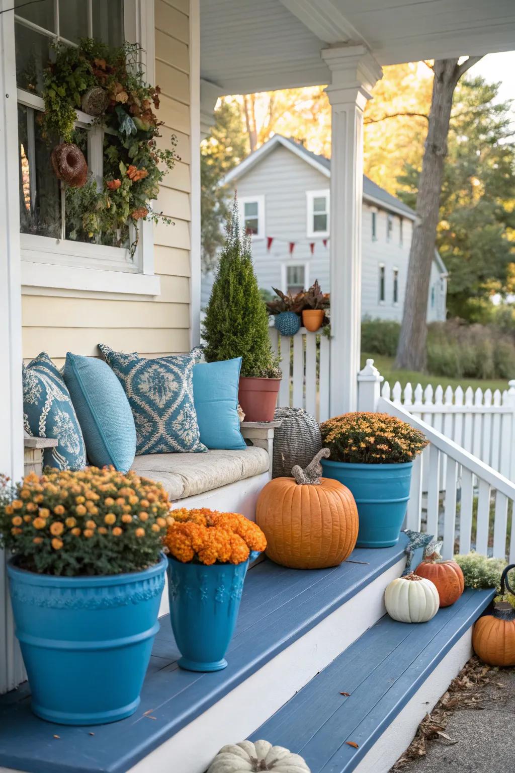 Blue accents offer a modern twist on fall decor.