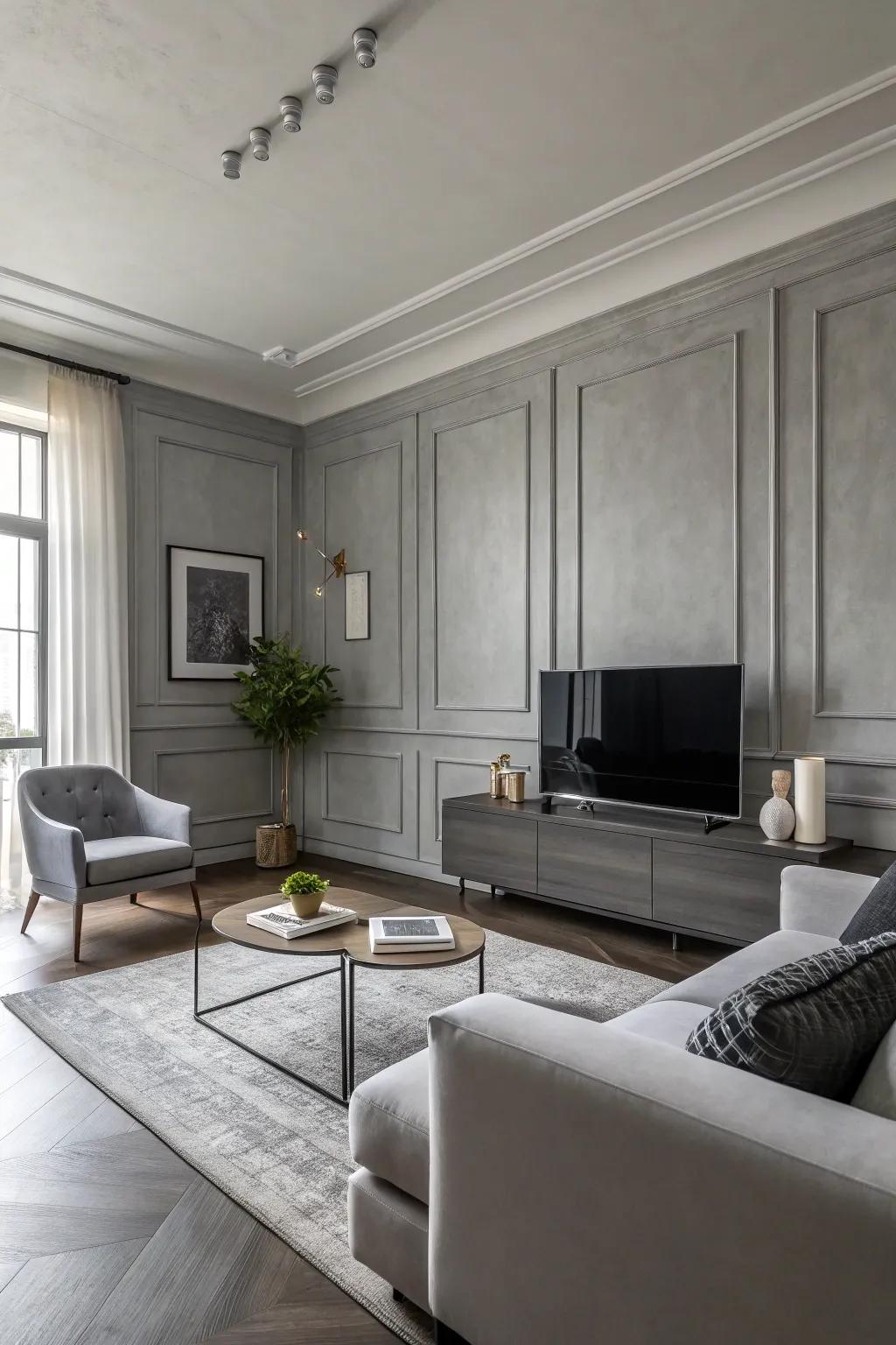 Gray walls complement a minimalist design in this living room.