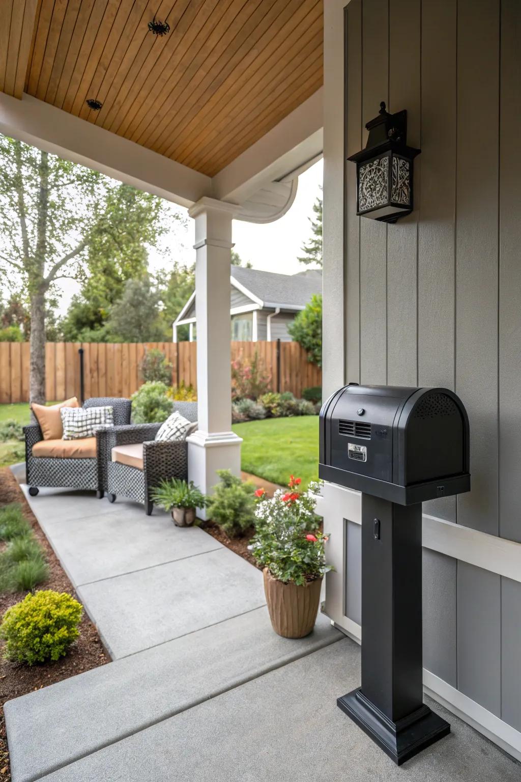 Mailbox and porch harmony create cohesive curb appeal.