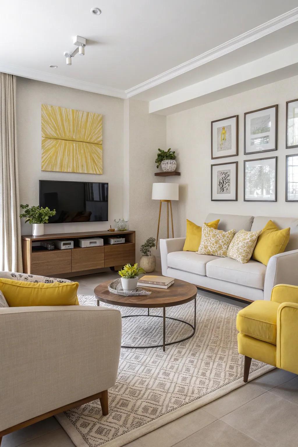 Minimal yellow accents add a cheerful touch without overwhelming the living room.