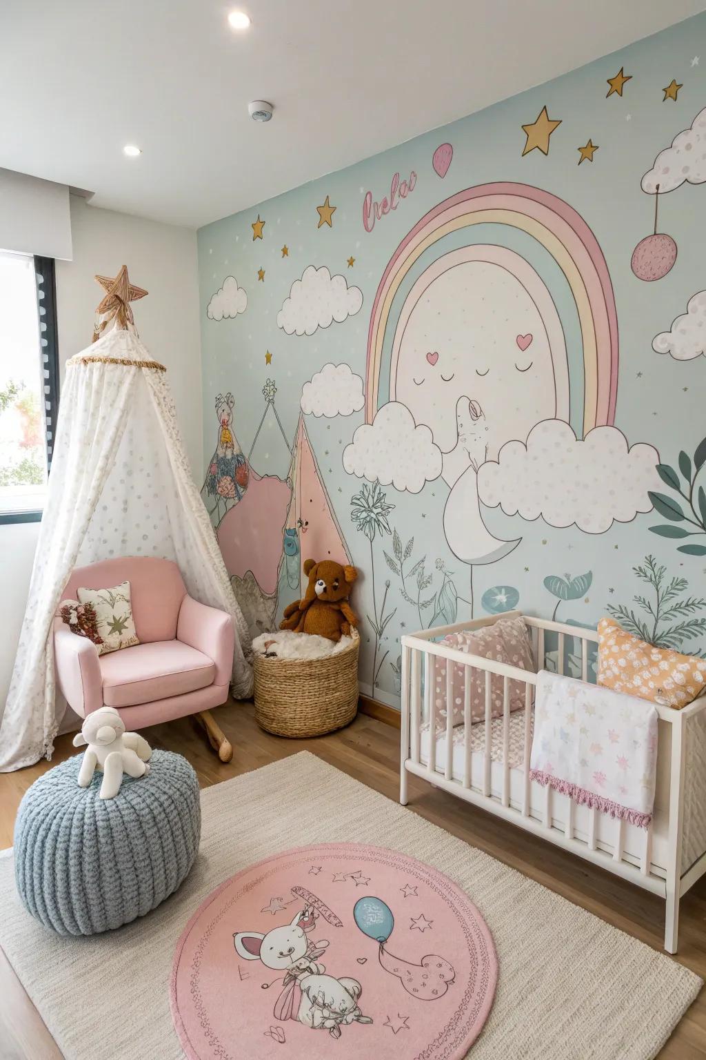 Whimsical wall murals add magic and imagination.