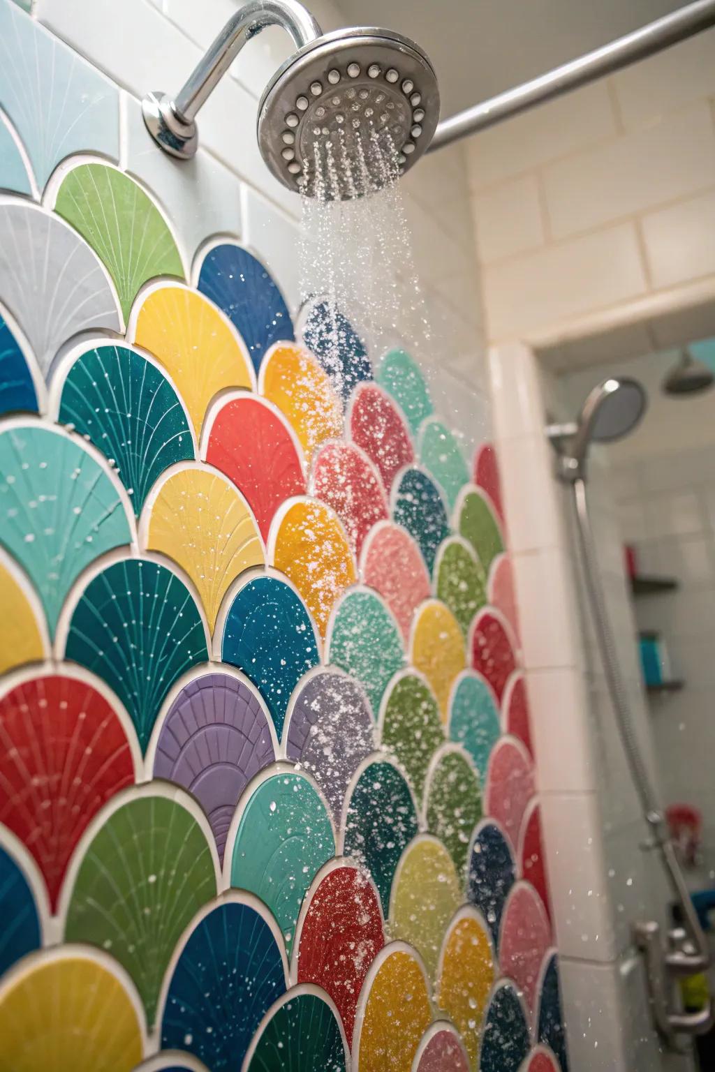 Fish scale mosaics add a whimsical touch to this shower.