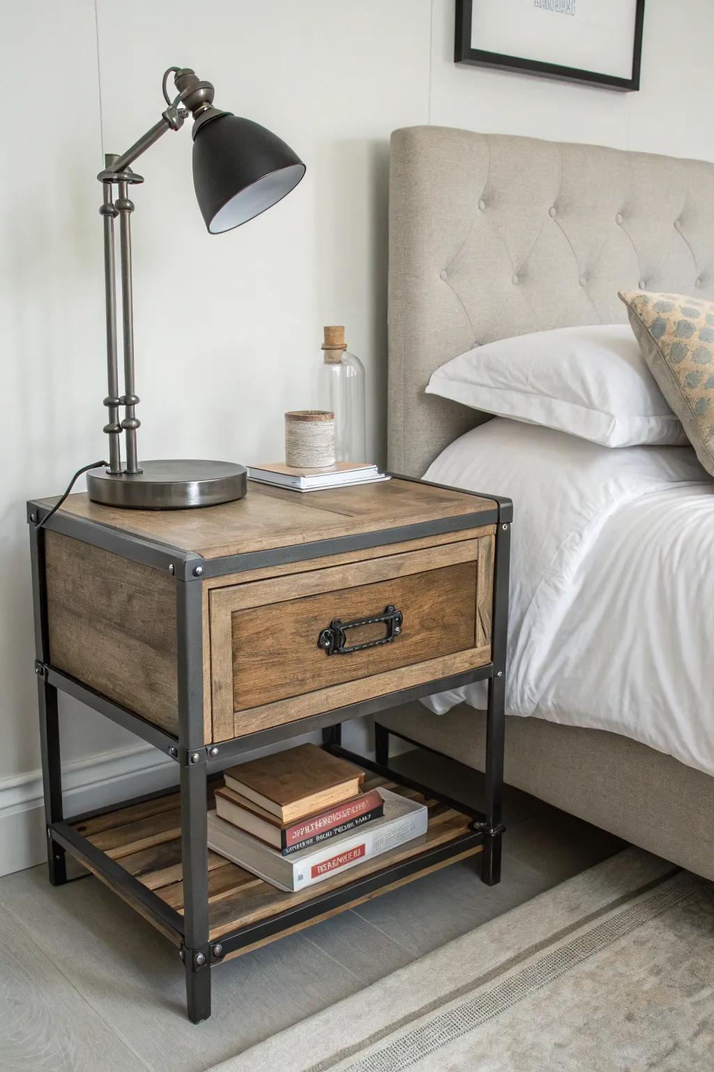 An industrial-style nightstand made of metal and wood, adding a modern edge to the bedroom.