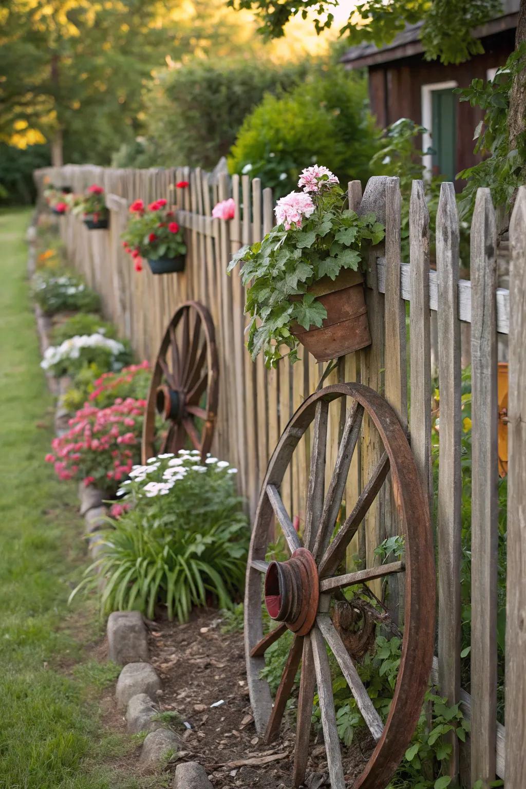 Wagon wheels add rustic charm to a garden fence.