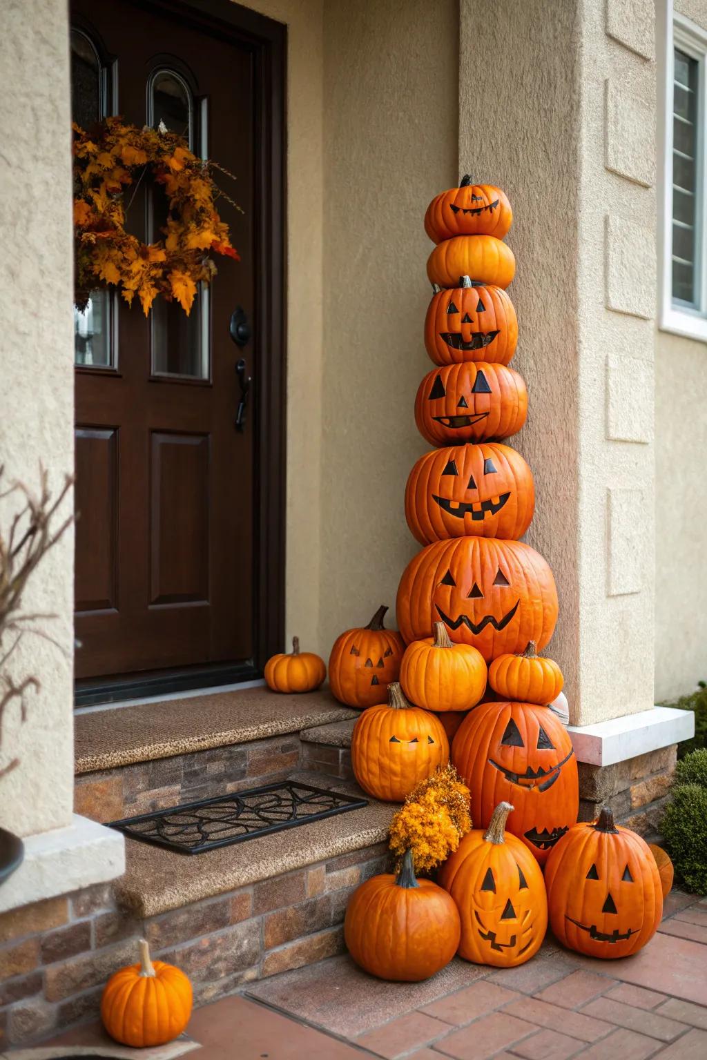 A pumpkin tower makes a bold statement in fall decor.