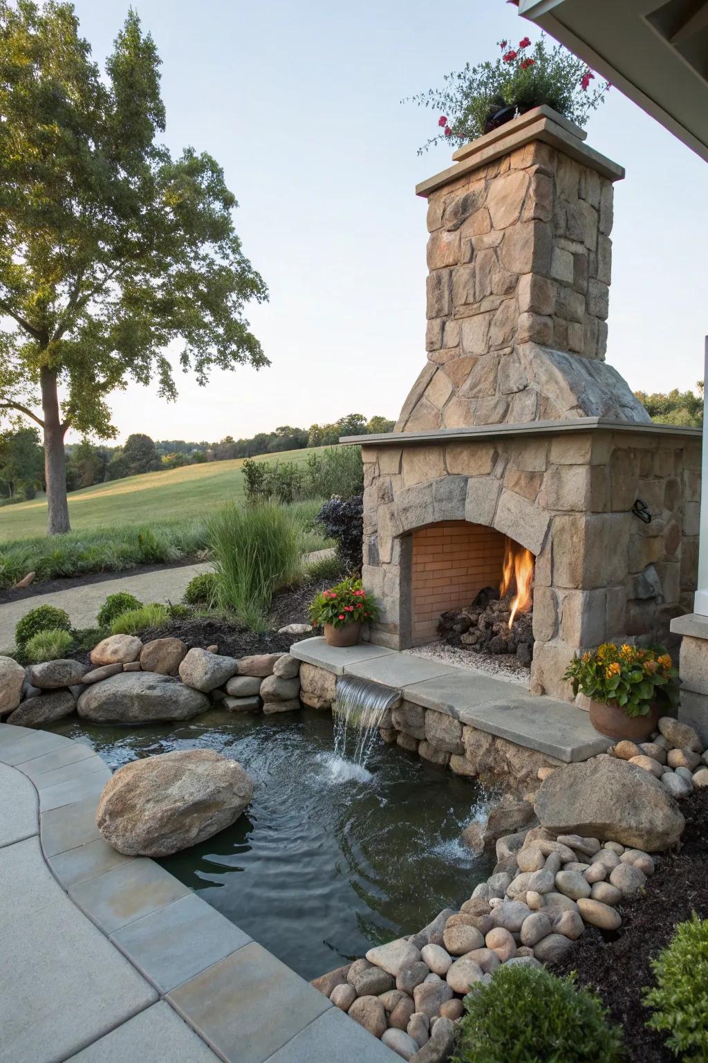 A calming water feature enhancing the mantel area.