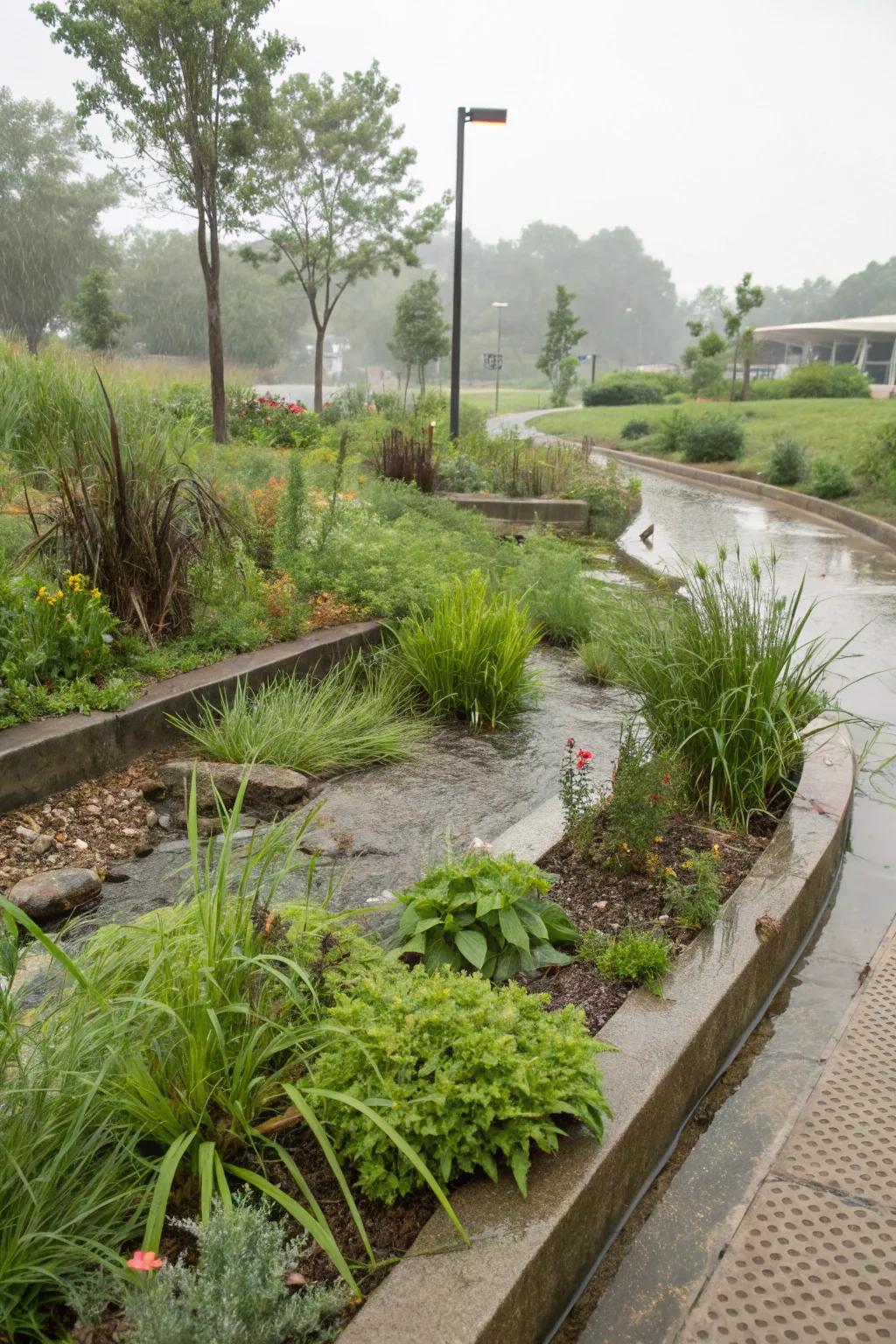 A rain garden manages runoff and supports native plant life.