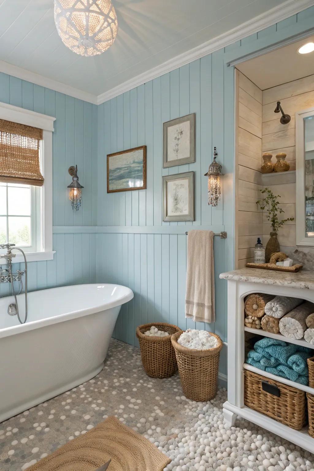 Beachy blues evoke a coastal, calming vibe.