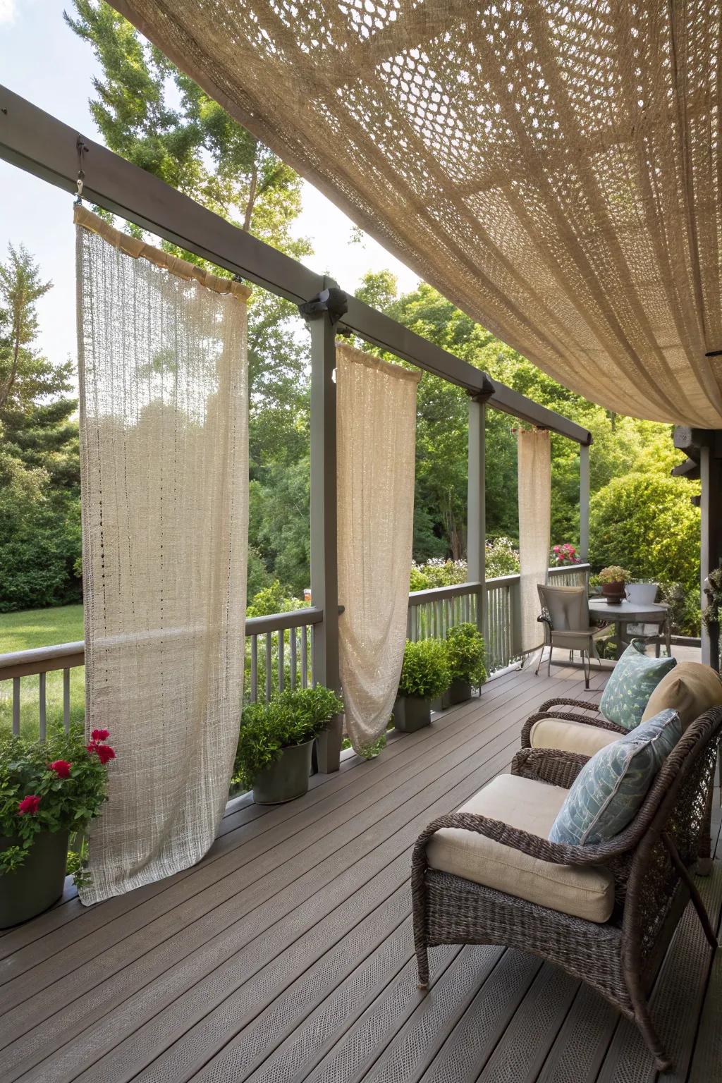 A cozy deck enhanced by woven fabric panels, providing texture and adjustable shade.