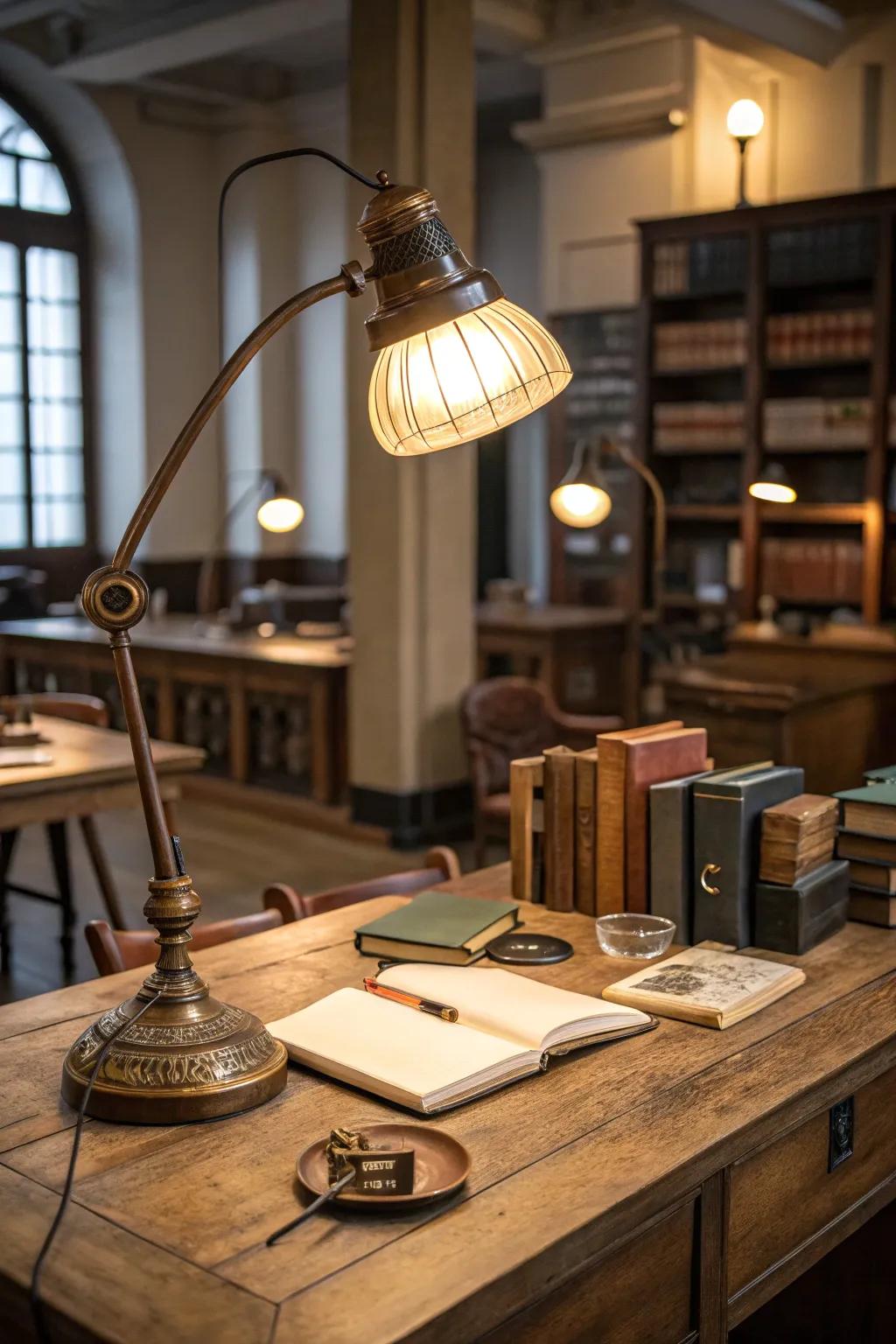 A classic desk lamp adds focused lighting and vintage charm.