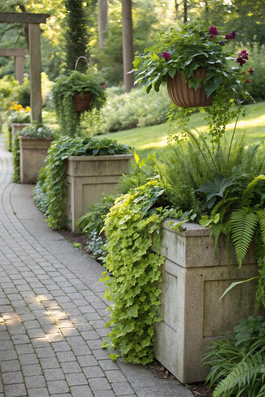 Cascading plants in paver planters create a lush, flowing effect.