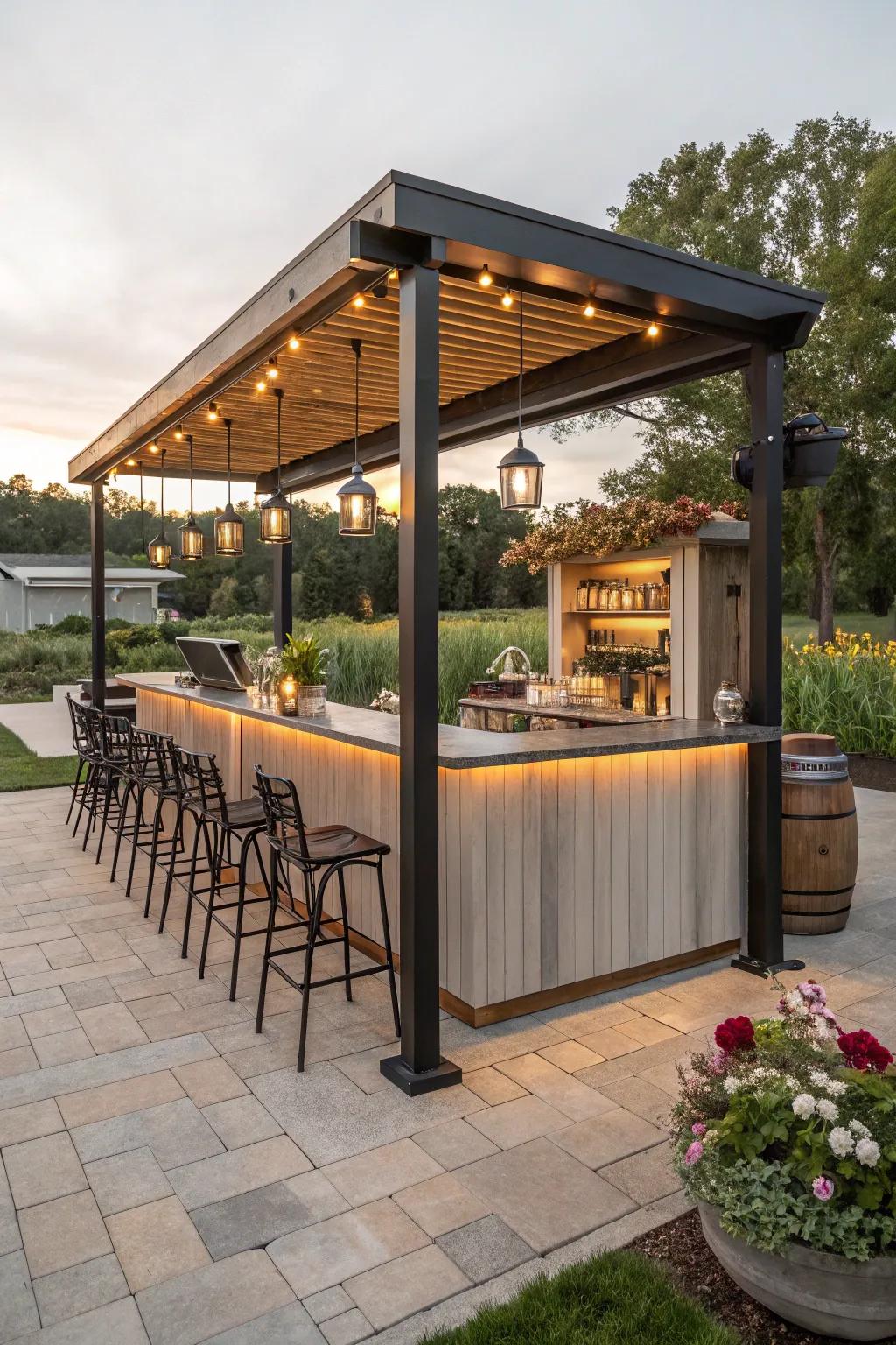 A modern farmhouse-style pergola bar, blending tradition with modernity.