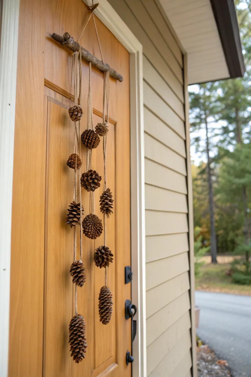 Welcome guests with a rustic pine cone door hanging.